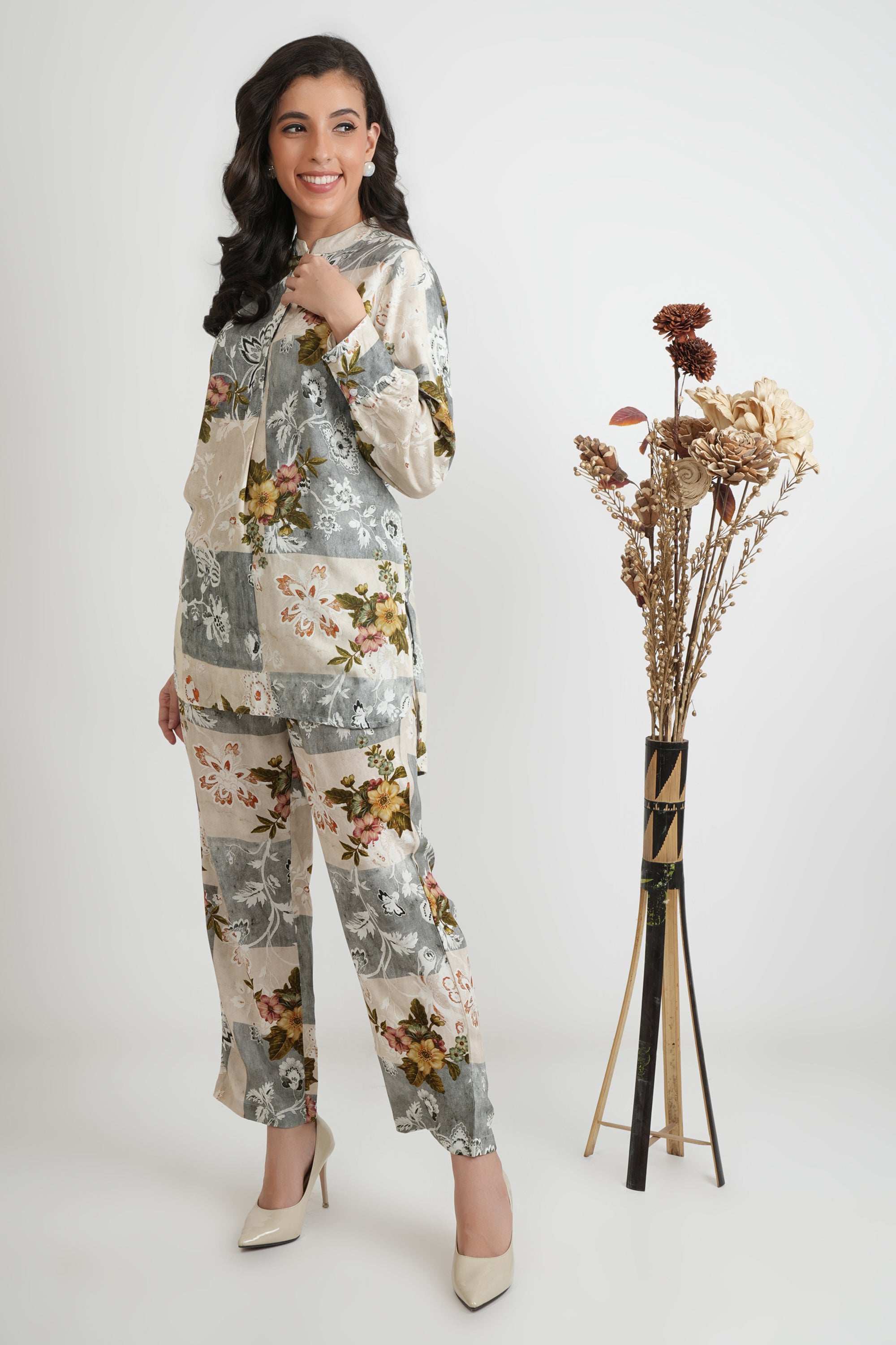 Grey Beige Rayon Multi Print Luxe Pant Shirt Co-ord Set