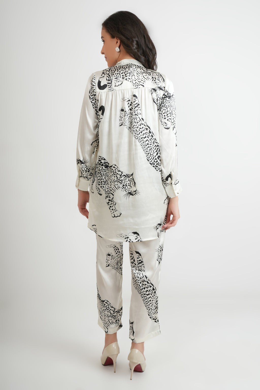 White Japanese Satin Leopard Print Co-ord Set