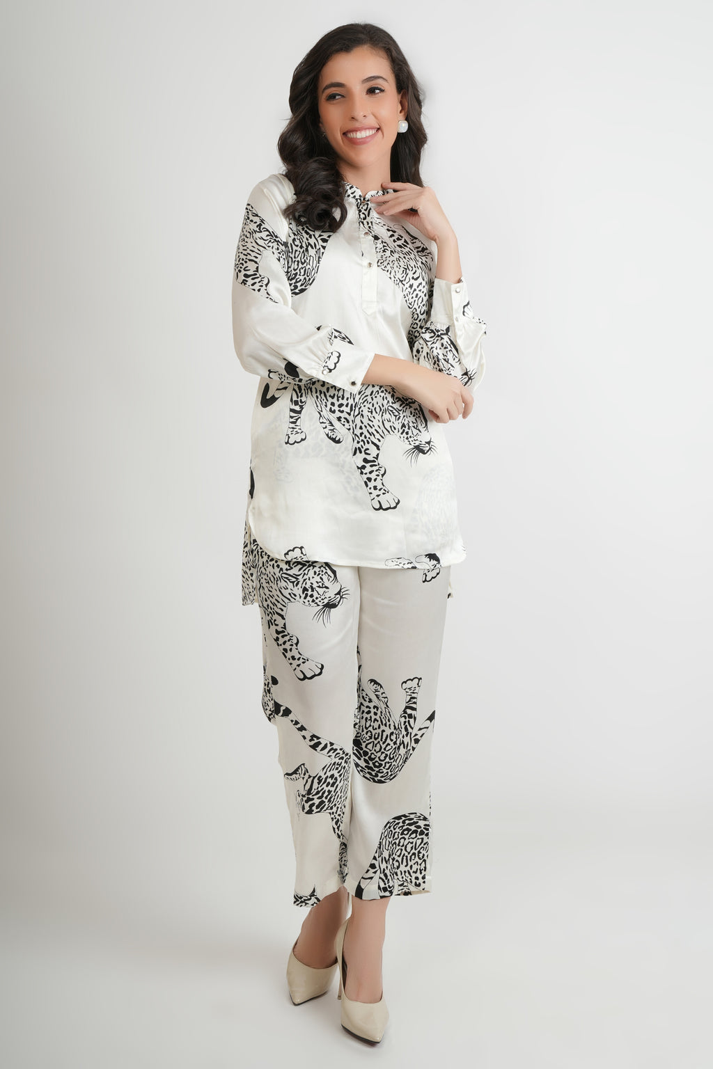 White Japanese Satin Leopard Print Co-ord Set