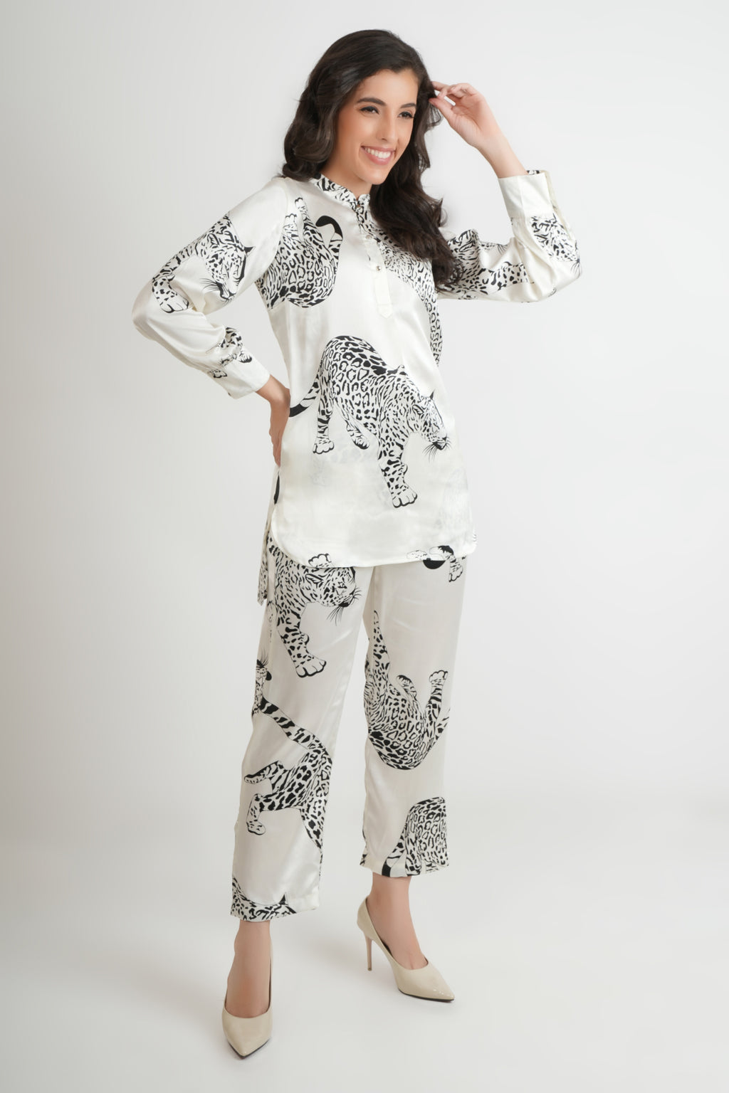 White Japanese Satin Leopard Print Co-ord Set
