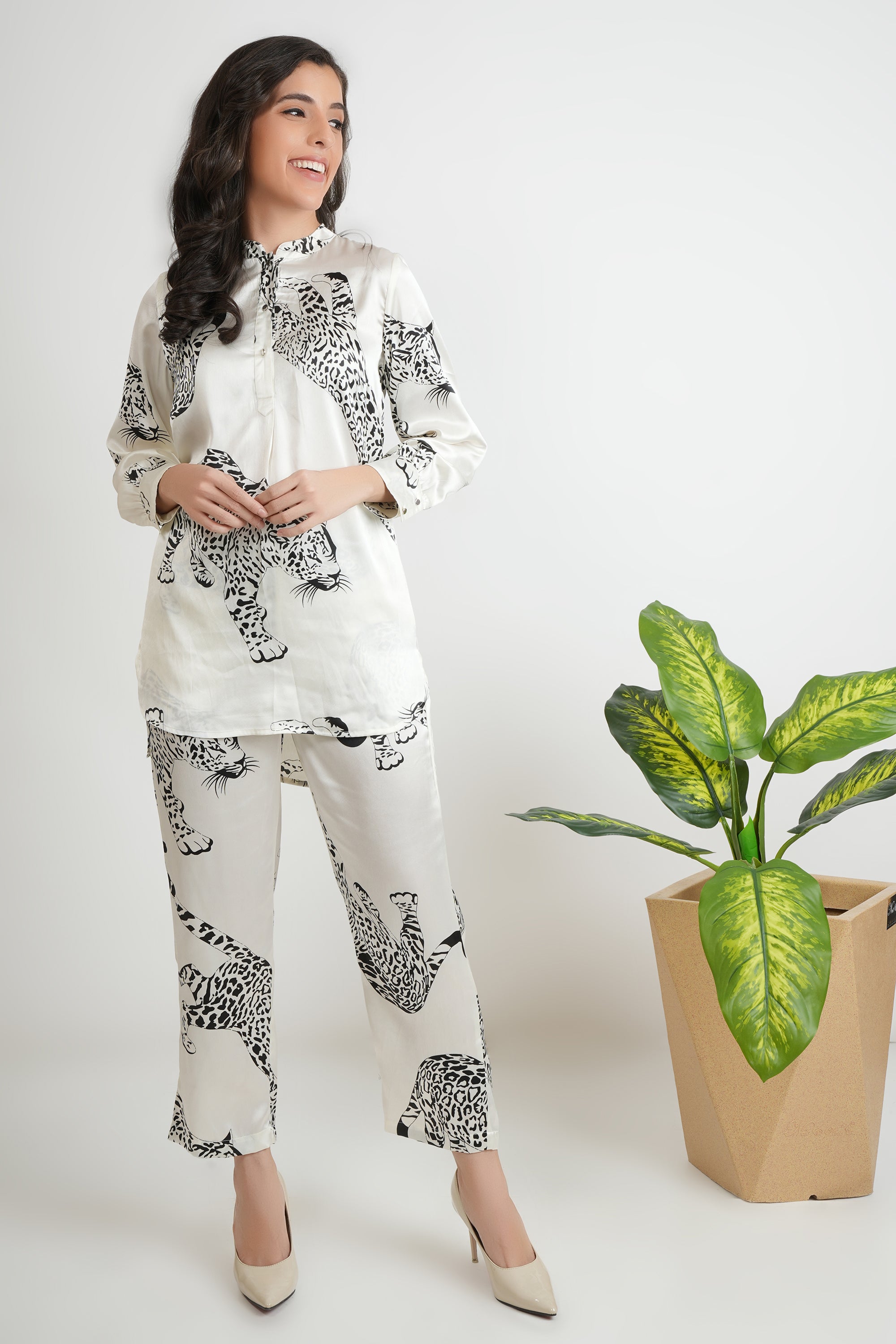 White Japanese Satin Leopard Print Co-ord Set