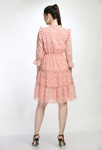 Floral Print Pink Tiered Mini Dress with Ruffle Details