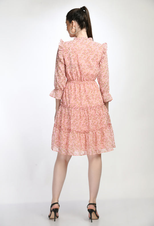 Floral Print Pink Tiered Mini Dress with Ruffle Details