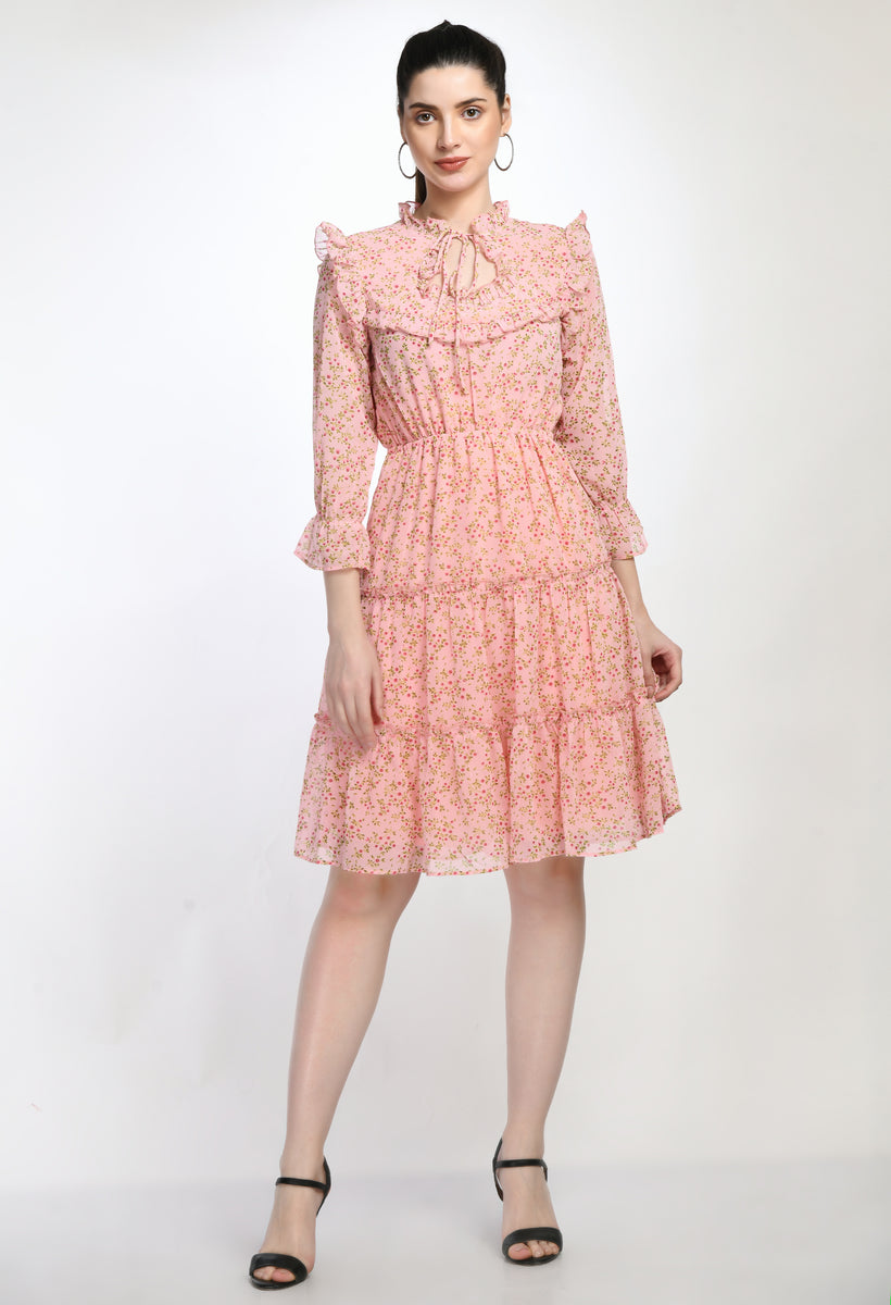 Floral Print Pink Tiered Mini Dress with Ruffle Details