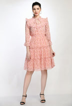 Floral Print Pink Tiered Mini Dress with Ruffle Details