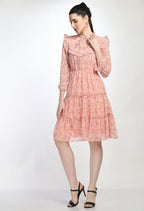 Floral Print Pink Tiered Mini Dress with Ruffle Details