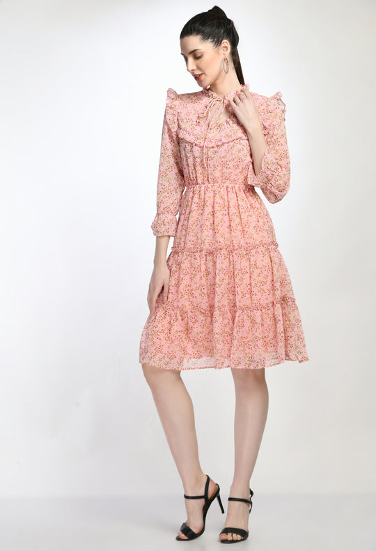 Floral Print Pink Tiered Mini Dress with Ruffle Details