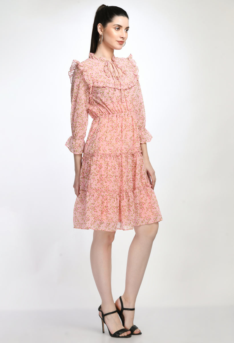 Floral Print Pink Tiered Mini Dress with Ruffle Details
