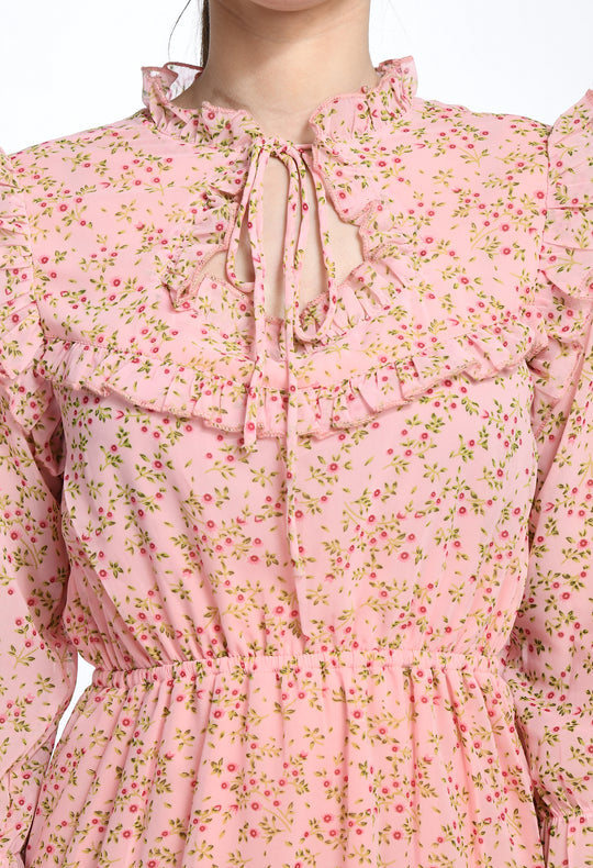 Floral Print Pink Tiered Mini Dress with Ruffle Details
