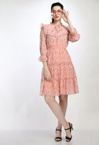 Floral Print Pink Tiered Mini Dress with Ruffle Details