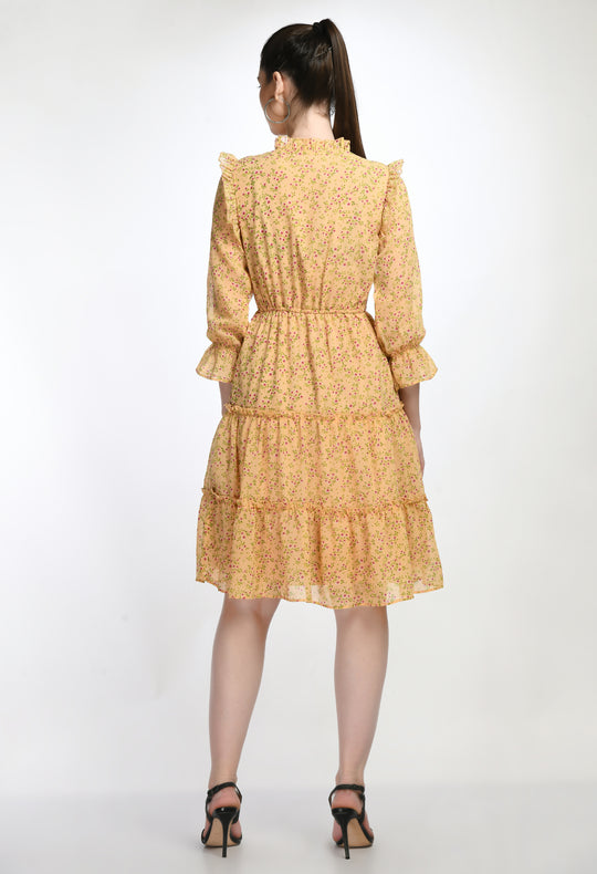 Orange Floral Print Tiered Mini Dress with Ruffle Details