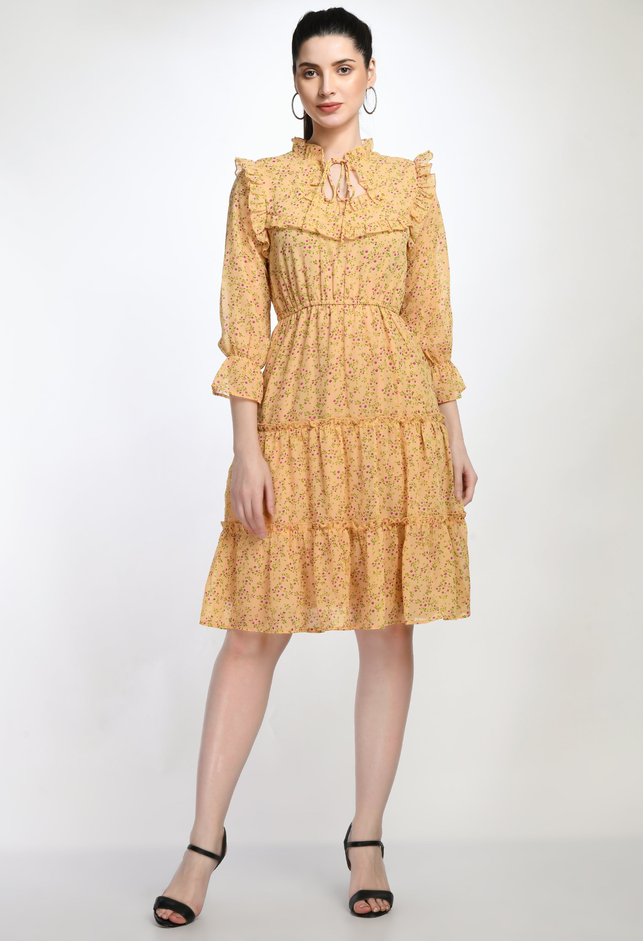 Floral Print Pink Tiered Mini Dress with Ruffle Details