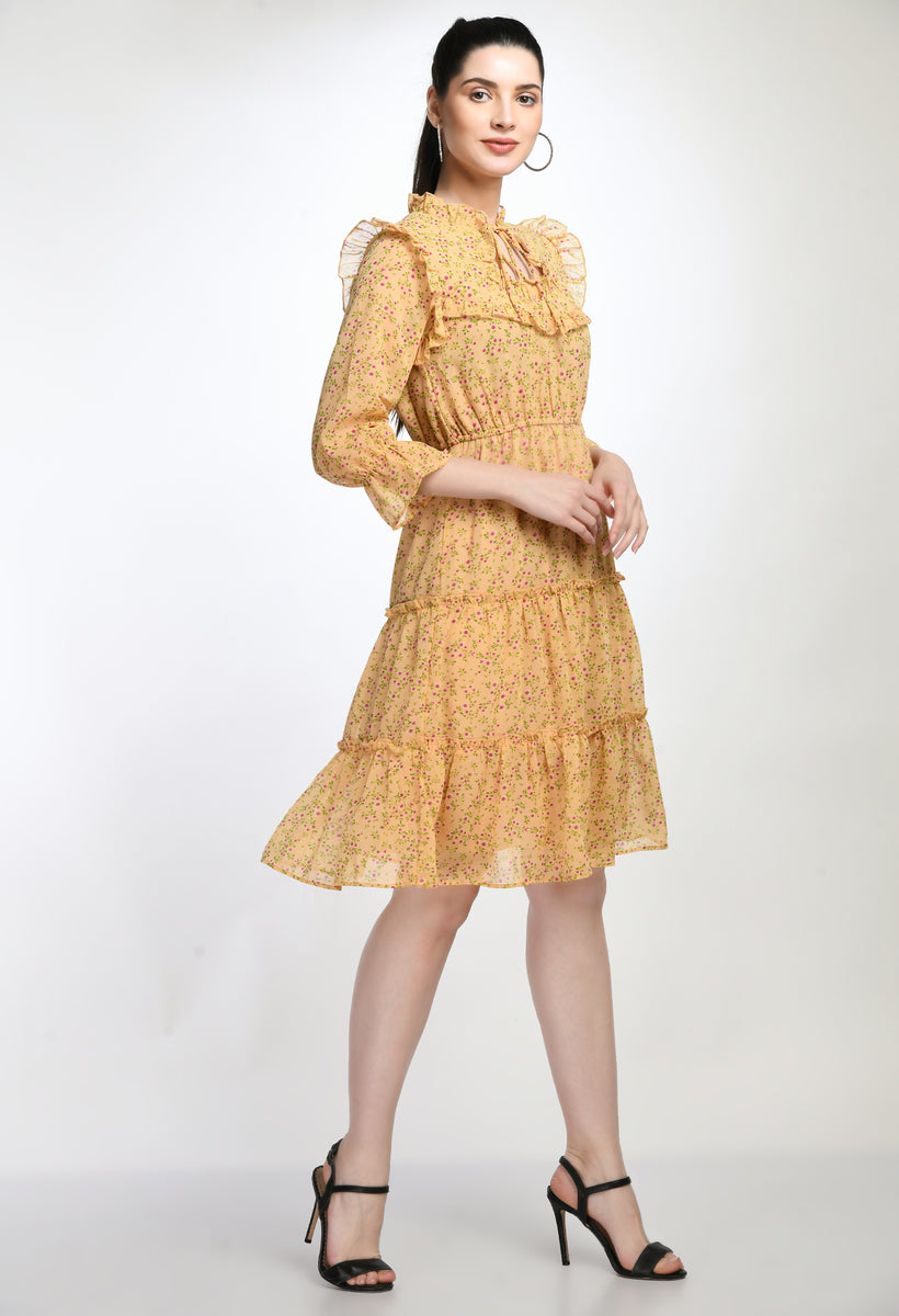 Orange Floral Print Tiered Mini Dress with Ruffle Details