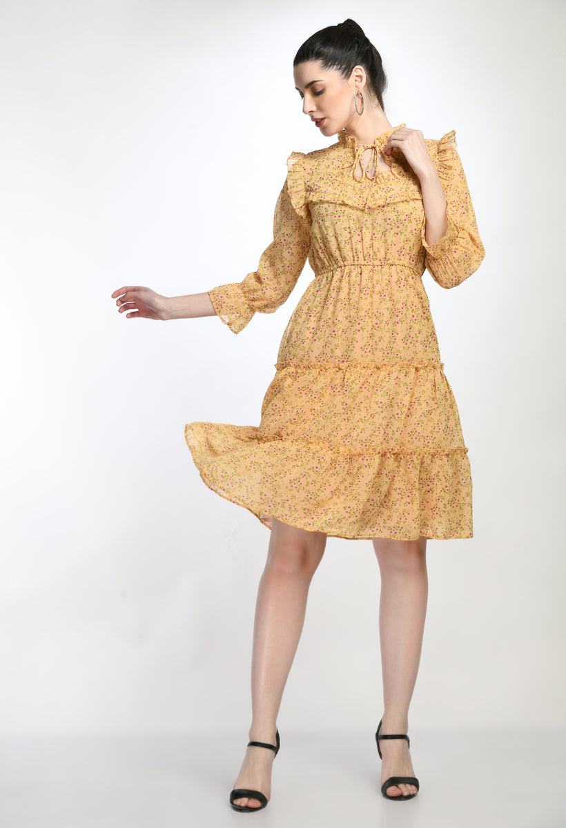 Orange Floral Print Tiered Mini Dress with Ruffle Details