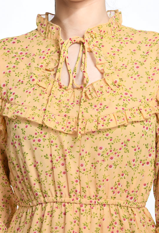 Orange Floral Print Tiered Mini Dress with Ruffle Details