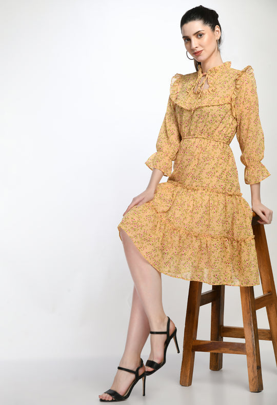 Orange Floral Print Tiered Mini Dress with Ruffle Details