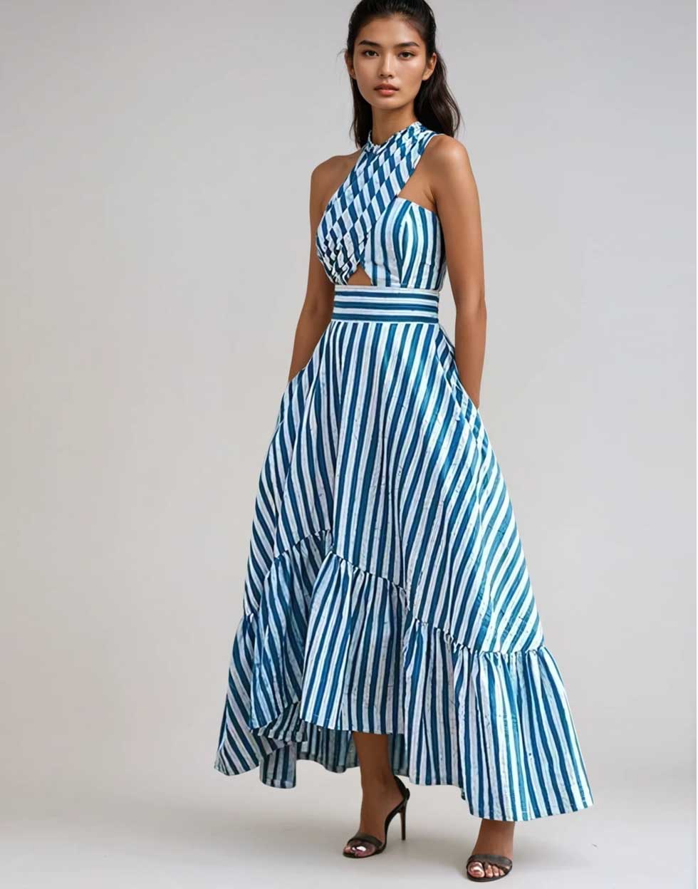 Aegean Breeze Striped One-Shoulder Maxi Dress