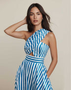 Aegean Breeze Striped One-Shoulder Maxi Dress