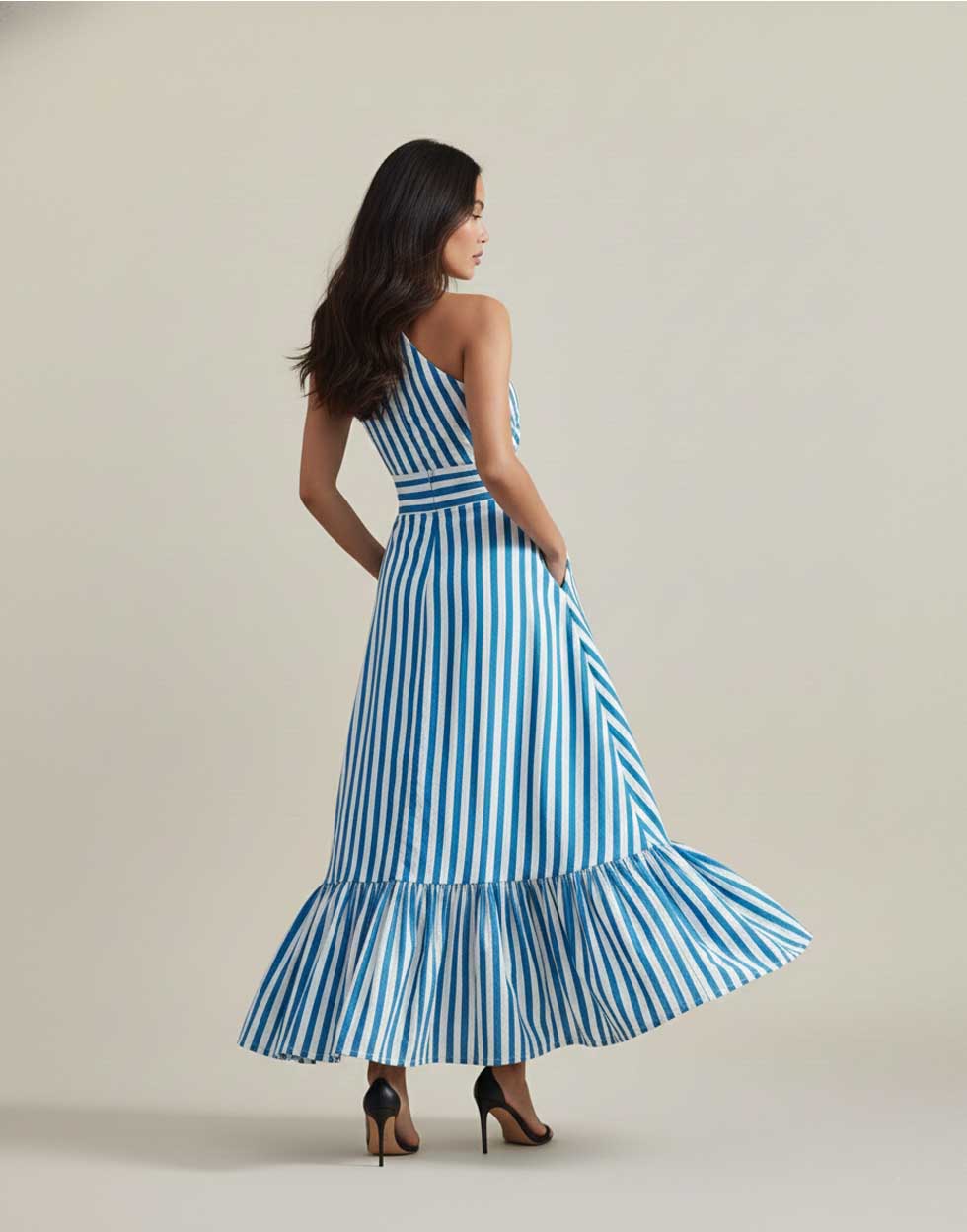 Aegean Breeze Striped One-Shoulder Maxi Dress