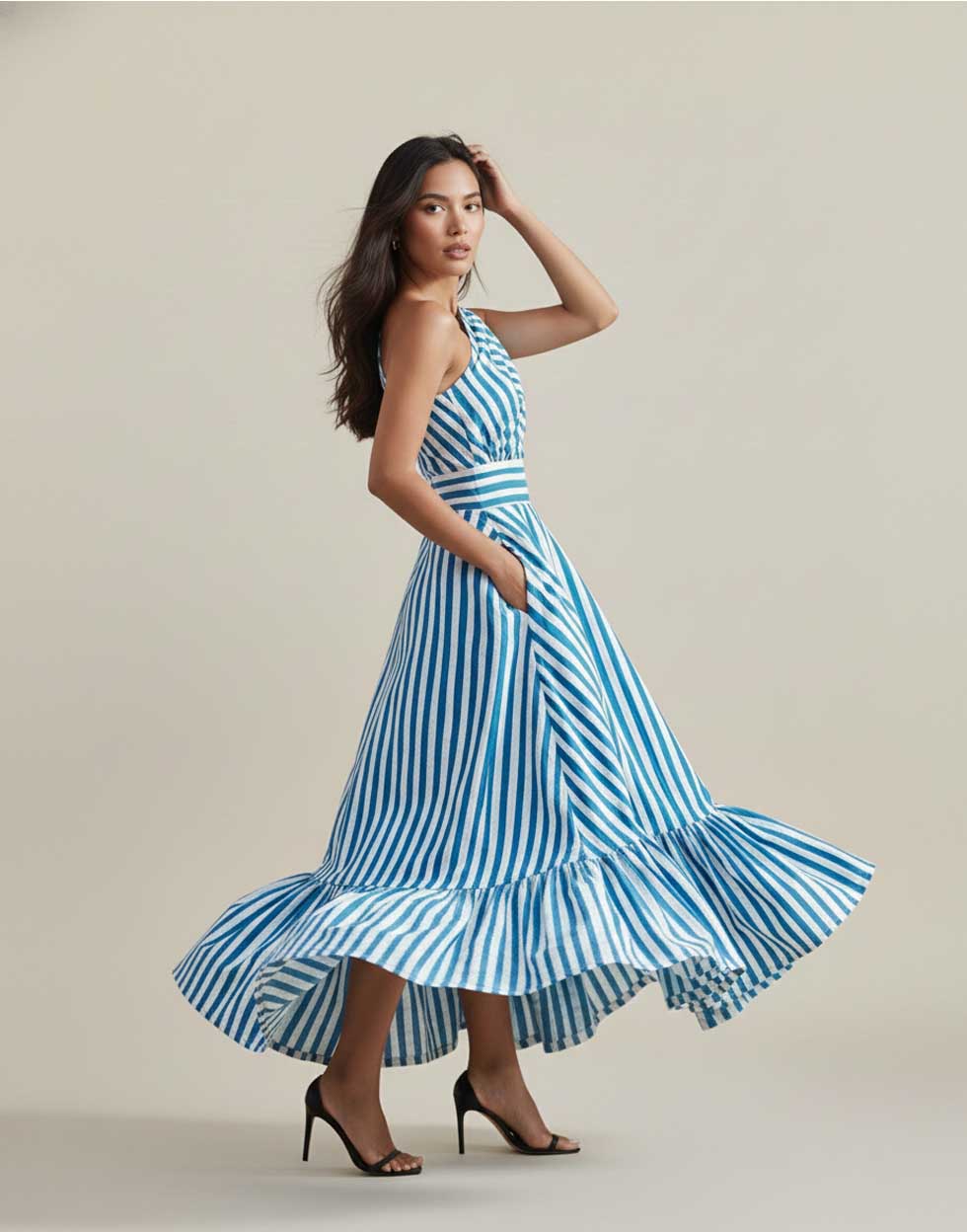 Aegean Breeze Striped One-Shoulder Maxi Dress