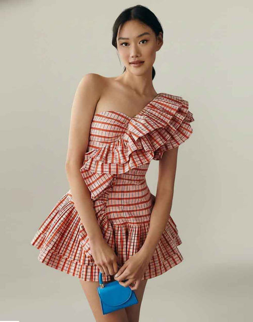 Sunset Gingham One-Shoulder Ruffle Mini Dress – THE STYLE COVE