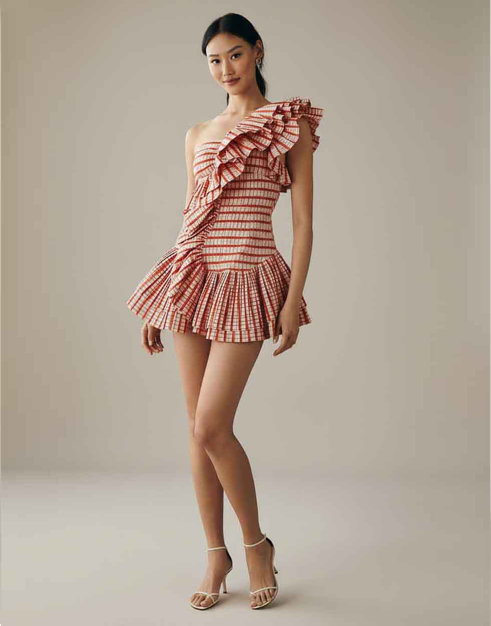 Sunset Gingham One-Shoulder Ruffle Mini Dress