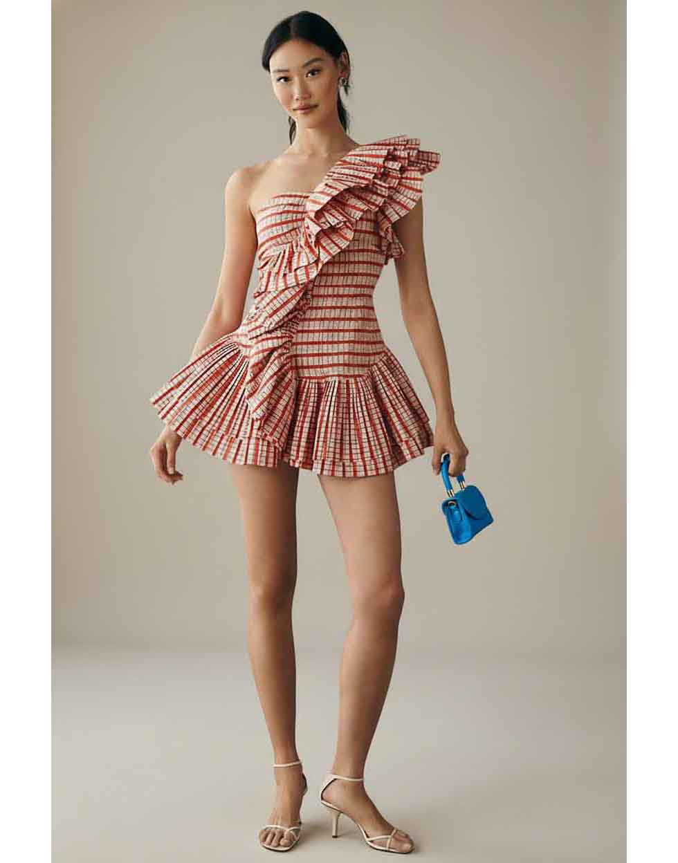 Sunset Gingham One-Shoulder Ruffle Mini Dress