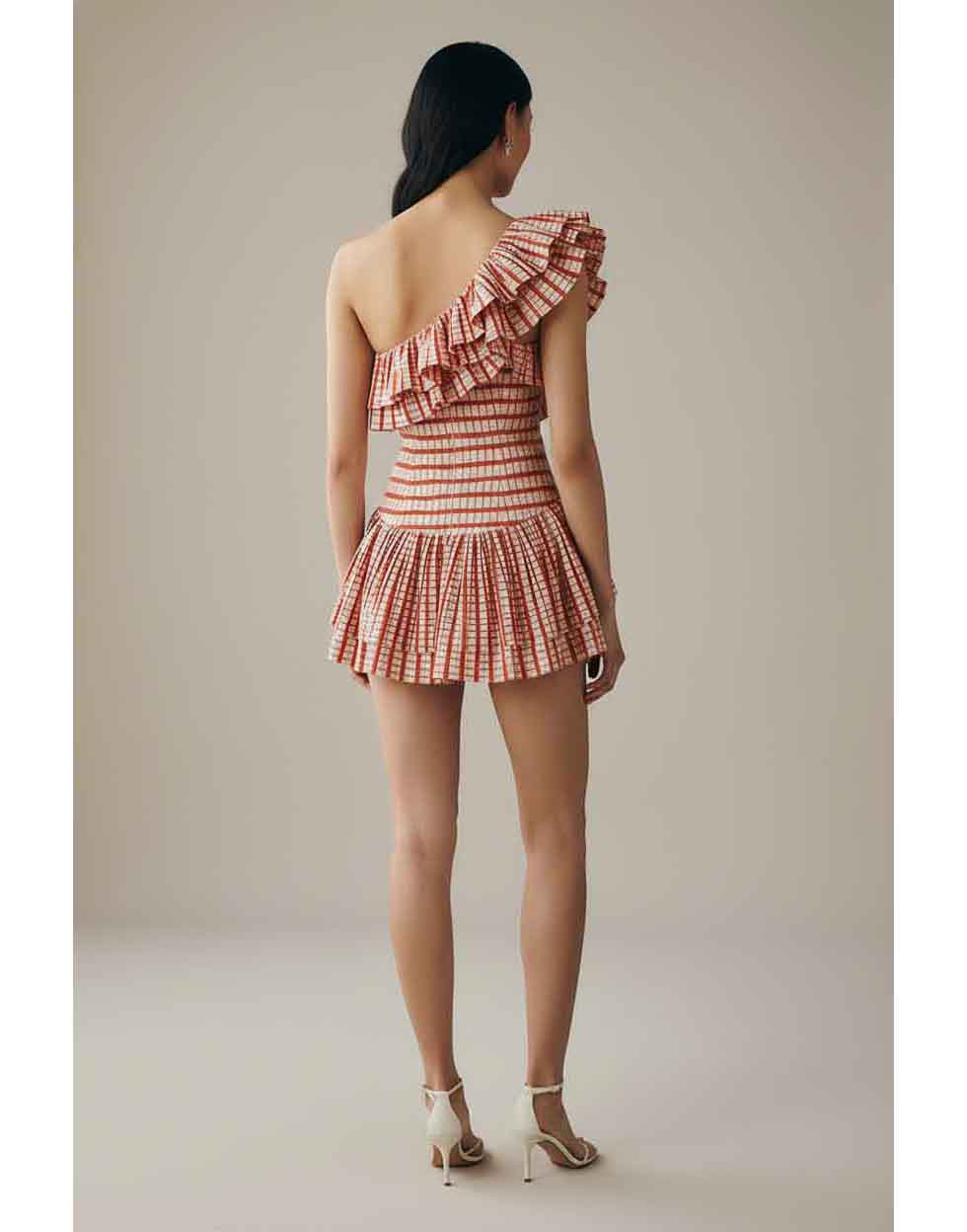 Sunset Gingham One-Shoulder Ruffle Mini Dress