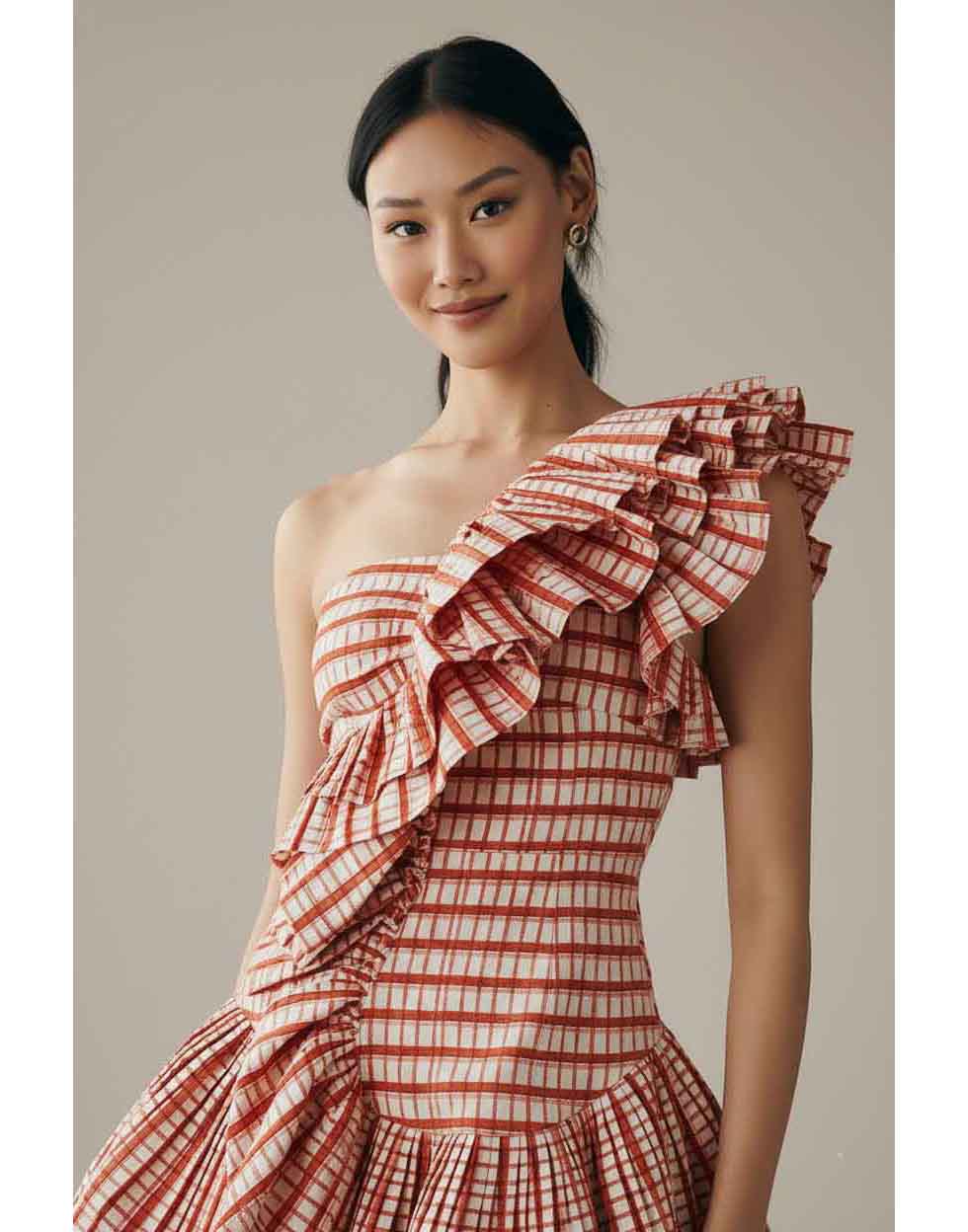 Sunset Gingham One-Shoulder Ruffle Mini Dress