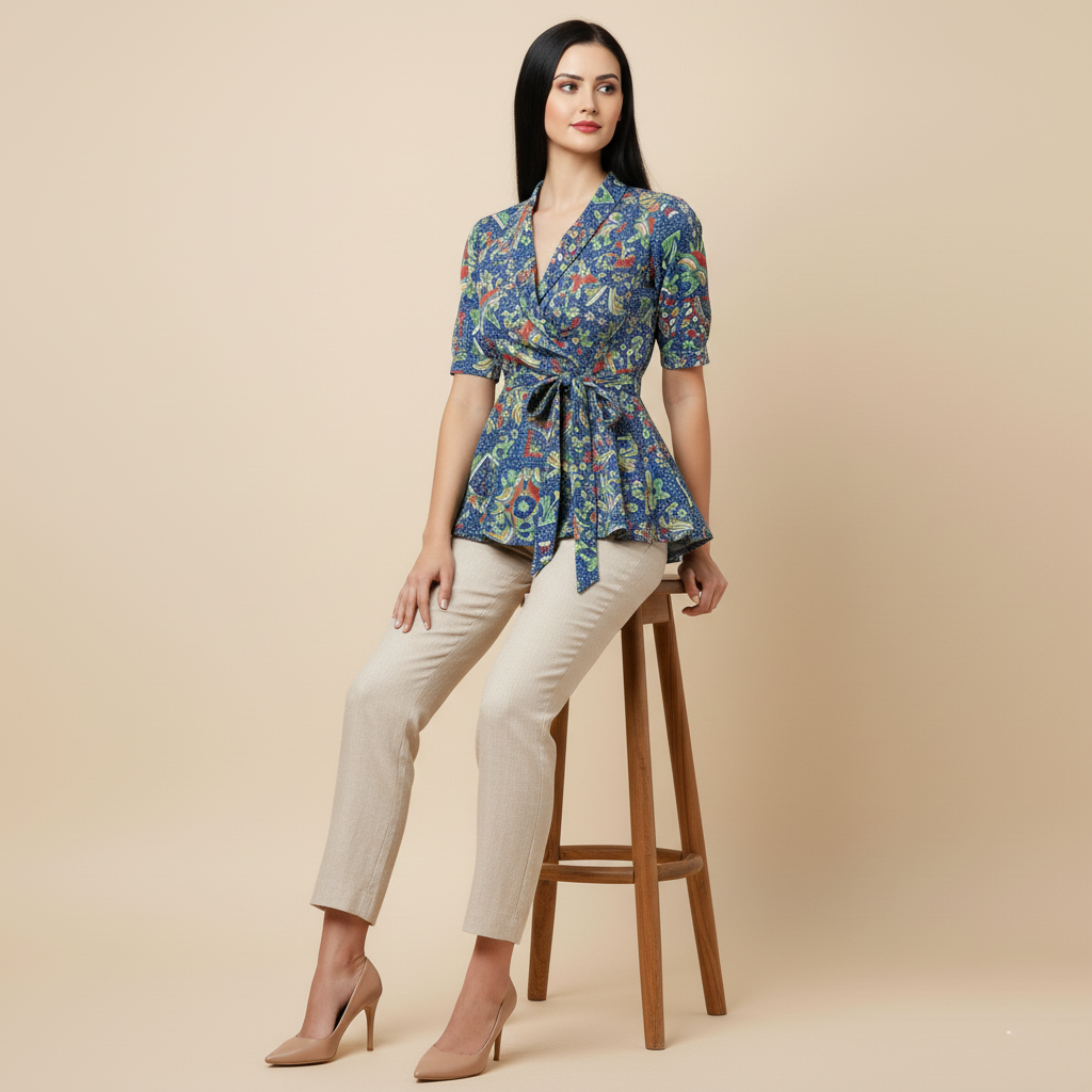 Blue Multi-Print Tie-Waist Peplum Top