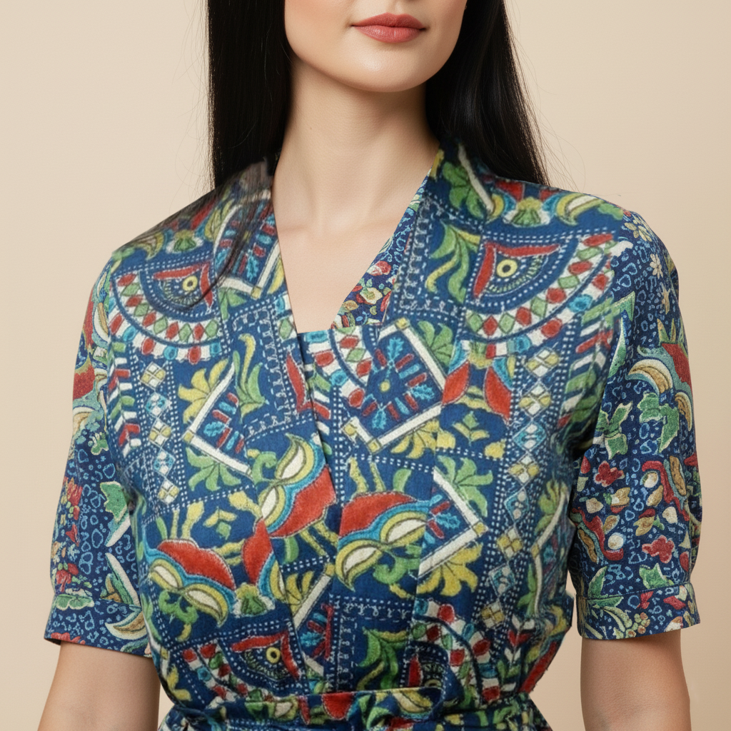 Blue Multi-Print Tie-Waist Peplum Top