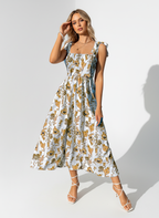 Brown Floral Print Tie Strap Square Neck Boho Cami Long Maxi Dress