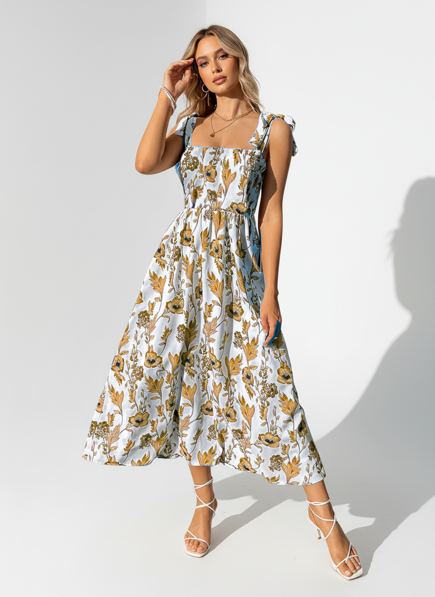 Brown Floral Print Tie Strap Square Neck Boho Cami Long Maxi Dress