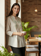 Grey Cotton Peplum Shirt Mandarin Collar with Yoke Embroidery