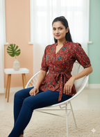 Red Multi-Print Tie-Waist Peplum Top