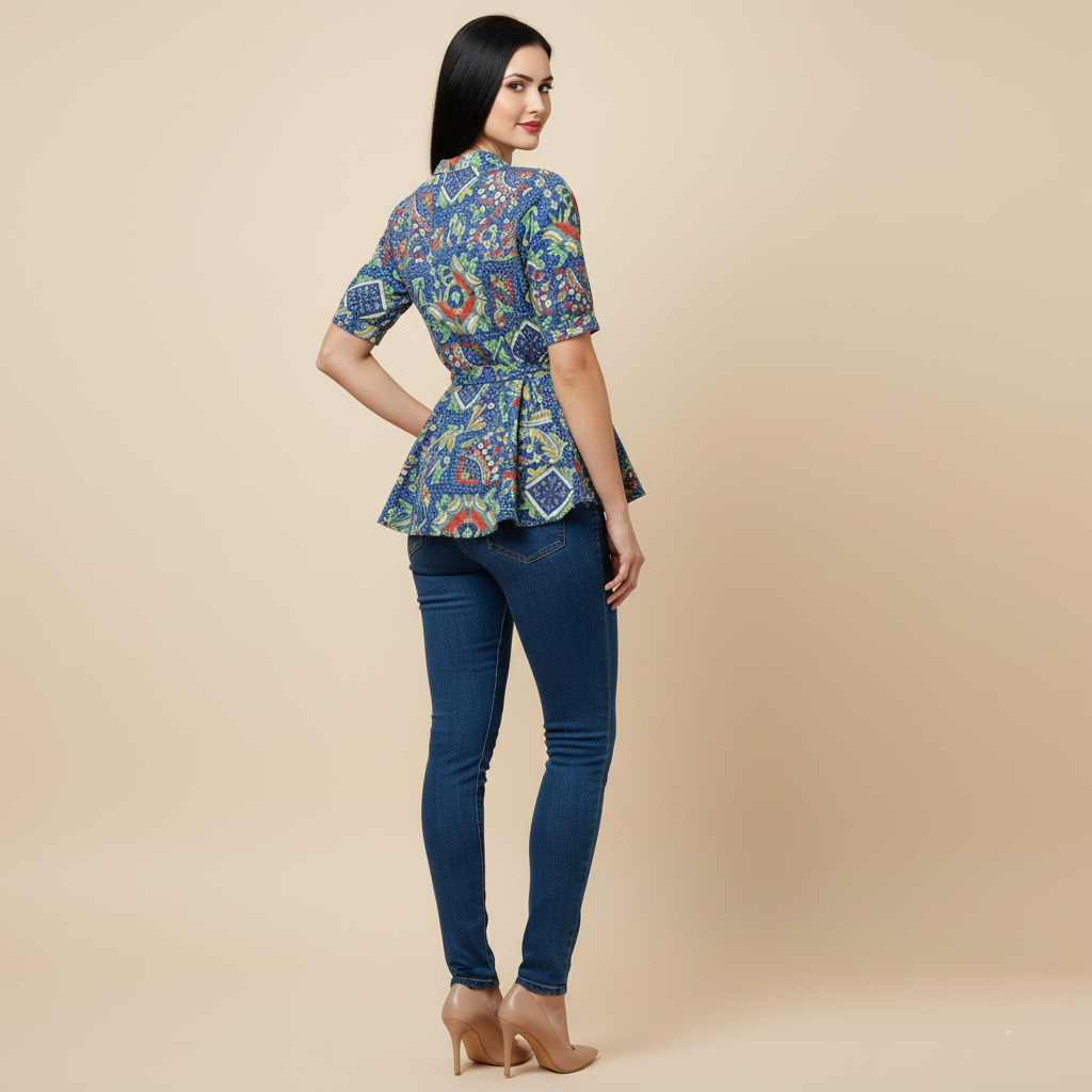 Blue Multi-Print Tie-Waist Peplum Top