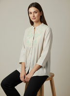 Grey Cotton Peplum Shirt Mandarin Collar with Yoke Embroidery