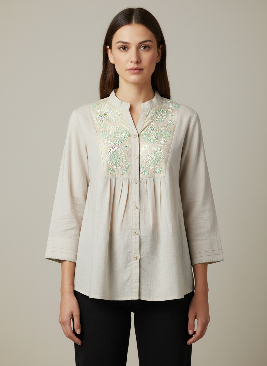 Grey Cotton Peplum Shirt Mandarin Collar with Yoke Embroidery