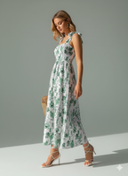Green Floral Print Tie Strap Square Neck Boho Cami Long Maxi Dress