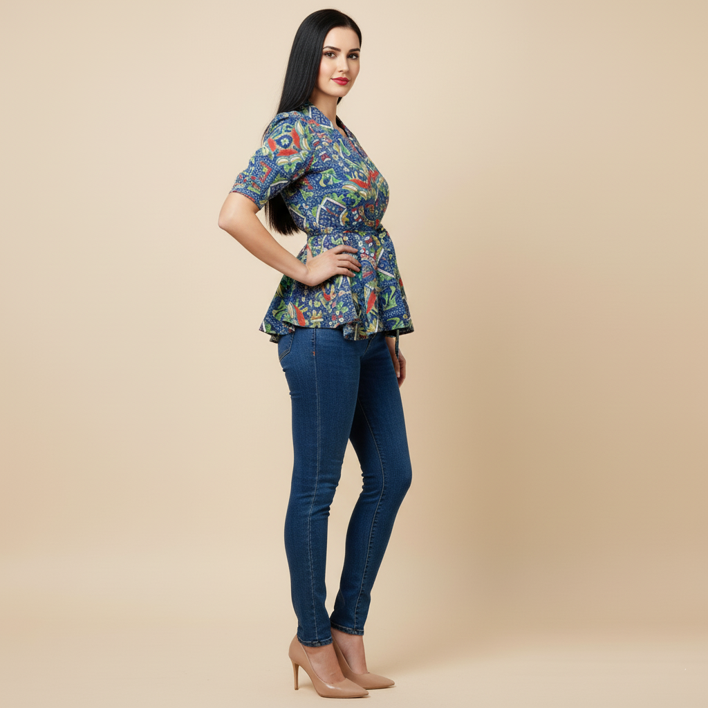 Blue Multi-Print Tie-Waist Peplum Top