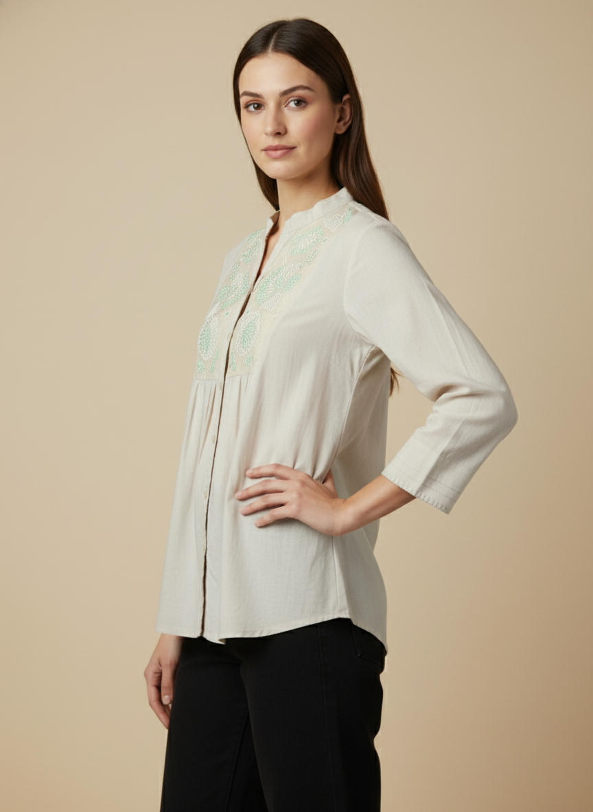 Grey Cotton Peplum Shirt Mandarin Collar with Yoke Embroidery
