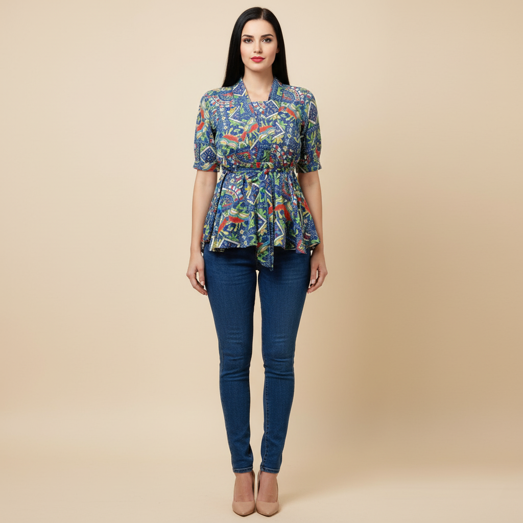 Blue Multi-Print Tie-Waist Peplum Top