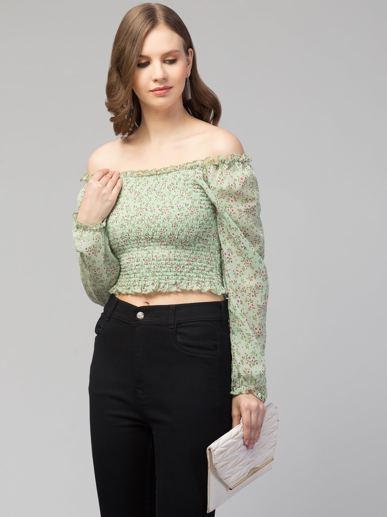Mint Green Floral Print Smocked Off-Shoulder Top