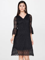 A-Line Black Lace Dress with Tie-Up Waist