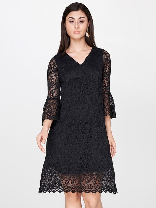 Peach Lace Bell Sleeve A-Line Dress with Tie-Up Waist
