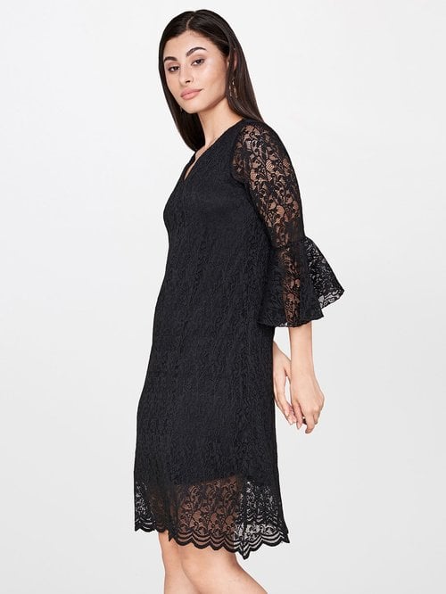 A-Line Black Lace Dress with Tie-Up Waist