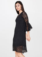 A-Line Black Lace Dress with Tie-Up Waist