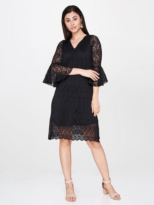 A-Line Black Lace Dress with Tie-Up Waist