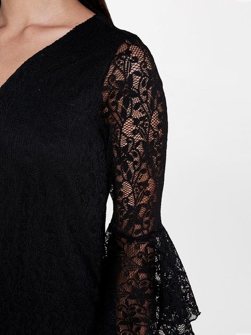 A-Line Black Lace Dress with Tie-Up Waist