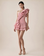Sunset Stripes One-Shoulder Ruffle Mini Dress